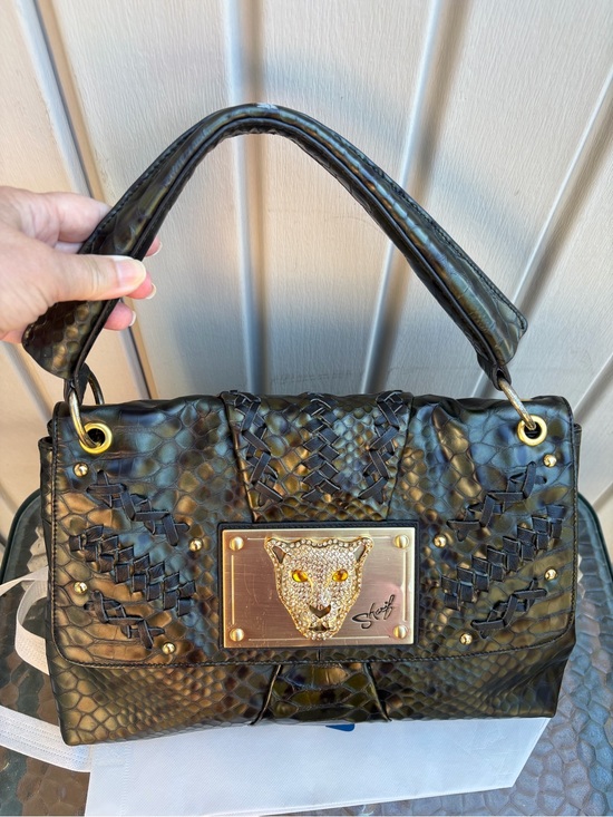 Sharif Handbags - Sharif Black Embossed Snake-Texture Shoulder Bag with Gold Plaque